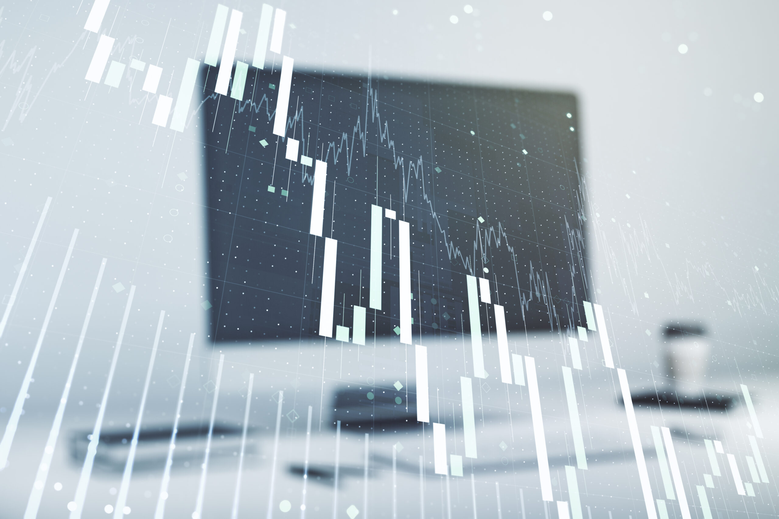 Double exposure of abstract creative financial chart on modern laptop background, research and strategy concept